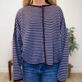 Stripe Raw Edge Button Down Long Sleeve Cardigan
