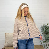 Stripe Raw Edge Button Down Long Sleeve Cardigan