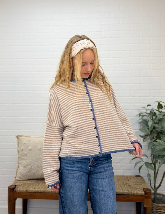 Stripe Raw Edge Button Down Long Sleeve Cardigan