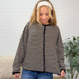 Stripe Raw Edge Button Down Long Sleeve Cardigan