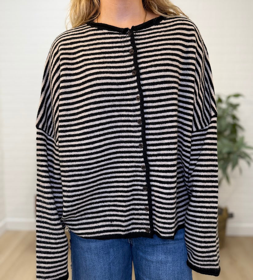 Stripe Raw Edge Button Down Long Sleeve Cardigan