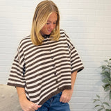 Stripe Raw Edge Short Sleeve Button Down Cardigan
