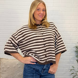 Stripe Raw Edge Short Sleeve Button Down Cardigan