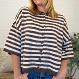 Stripe Raw Edge Short Sleeve Button Down Cardigan