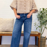 Stripe Raw Edge Short Sleeve Button Down Cardigan