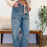Braided Waist Belt Drip Paint Washed Denim