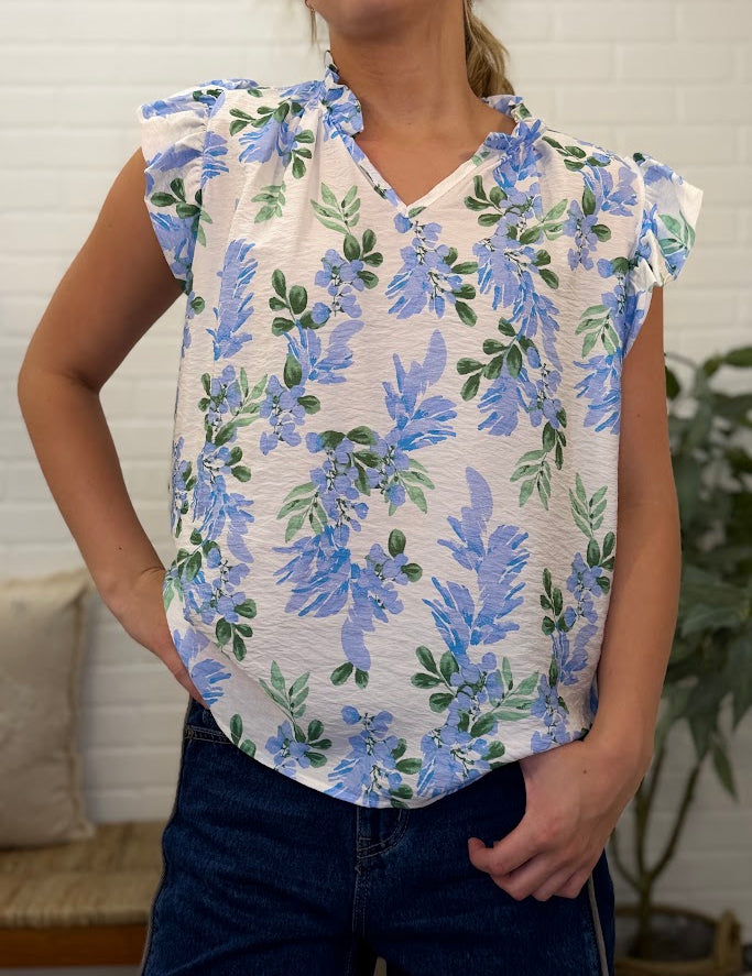 Floral Print Blouse With Ruffle Cap Sleeves