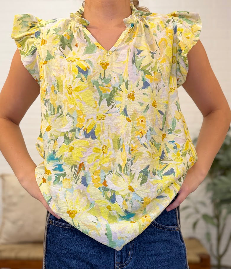 V Neck Ruffled Sleeve Detail Top