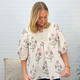 Half Sleeve Smocked Neck Woven Print Top