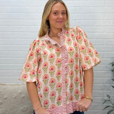 Bubble Sleeve Ruffled Neck Printed Top