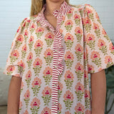 Bubble Sleeve Ruffled Neck Printed Top