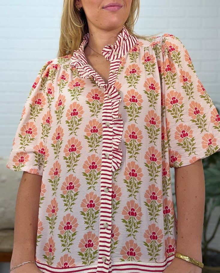 Bubble Sleeve Ruffled Neck Printed Top