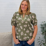 Short Puff Sleeve Woven Print Top With Contrast Neck Detail