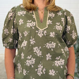 Short Puff Sleeve Woven Print Top With Contrast Neck Detail