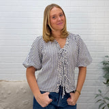 Puff Sleeve Ruffled Front Tie Woven Stripe Top