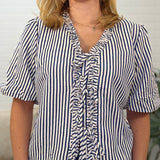 Puff Sleeve Ruffled Front Tie Woven Stripe Top
