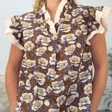 Ruffled Sleeve Ruffled Neck Printed Top
