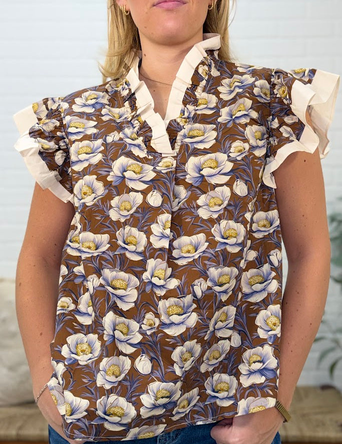 Ruffled Sleeve Ruffled Neck Printed Top