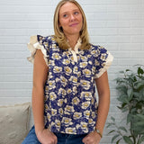 Ruffled Sleeve Ruffled Neck Printed Top
