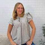 Ruffle Sleeve Pintuck Woven Gingham Top