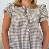 Ruffle Sleeve Pintuck Woven Gingham Top