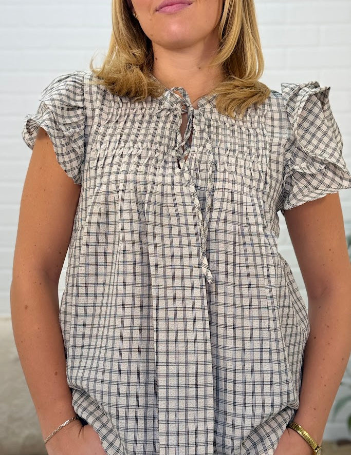 Ruffle Sleeve Pintuck Woven Gingham Top