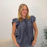 Ruffle Sleeve Pintuck Woven Gingham Top