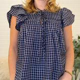 Ruffle Sleeve Pintuck Woven Gingham Top