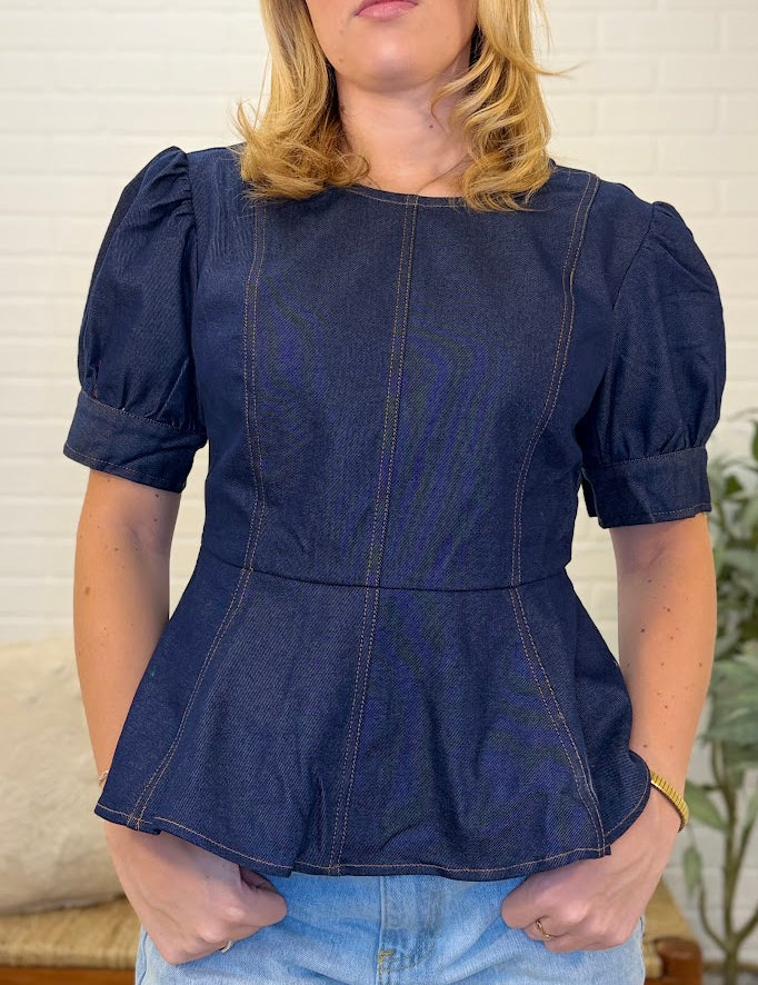 Short Sleeve Peplum Denim Top