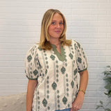 Short Puff Sleeve Woven Embroidered Top With Contrast Neck Detail