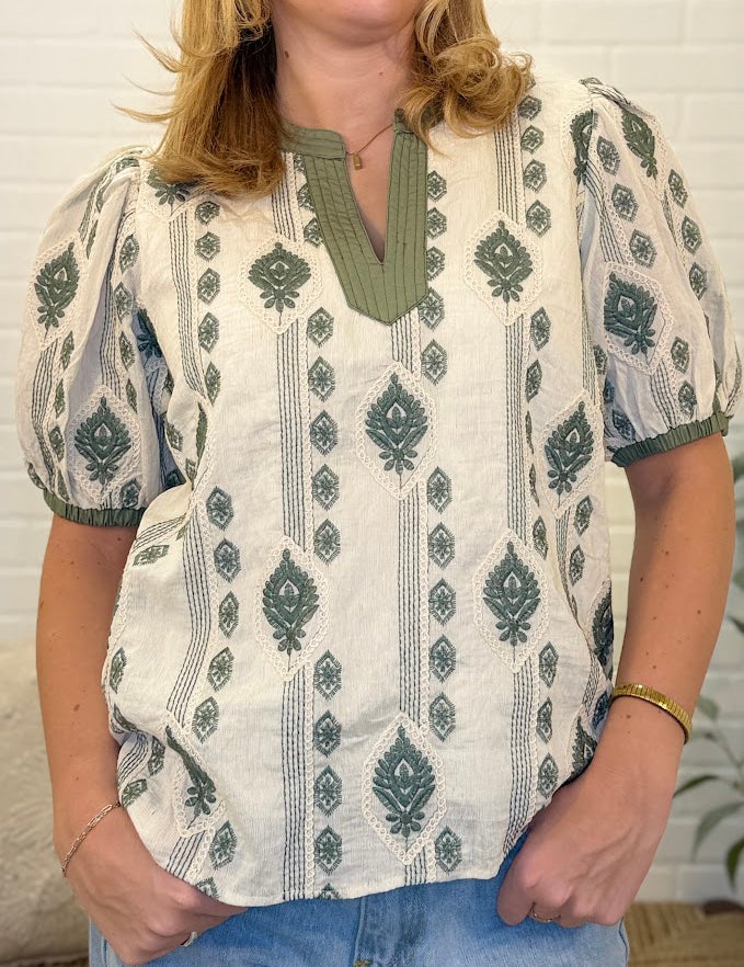 Short Puff Sleeve Woven Embroidered Top With Contrast Neck Detail