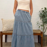 Washed Denim Tiered Long Skirt With Black Elastic Waist Band And Pockets