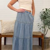Washed Denim Tiered Long Skirt With Black Elastic Waist Band And Pockets