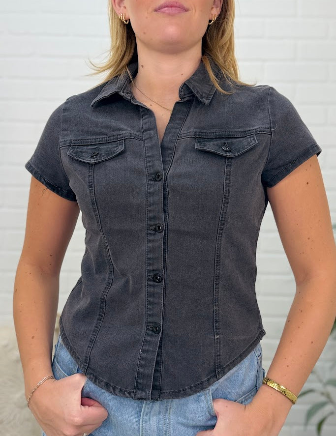 Short Sleeve Button Up Denim Top