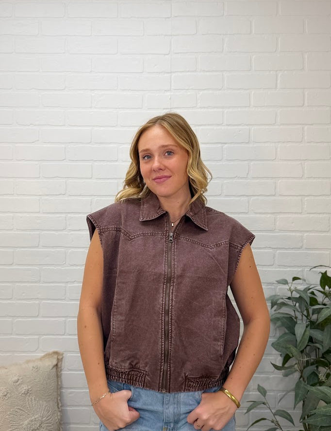 Mineral Wash Sleeveless Zip-up Collar Vest