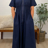Short Sleeve Smocked Waist Front Zip Midi Dress With Pockets