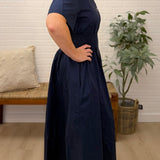 Short Sleeve Smocked Waist Front Zip Midi Dress With Pockets
