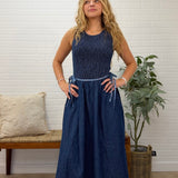 Polka Dot Print Smocked Bodice Midi Dress