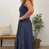 Sleeveless Ruffle Strap Woven Check Smocked Midi Dress