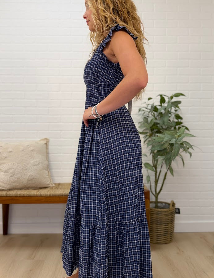 Sleeveless Ruffle Strap Woven Check Smocked Midi Dress