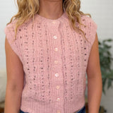 Open Knit Sleeveless Button Front Sweater Vest