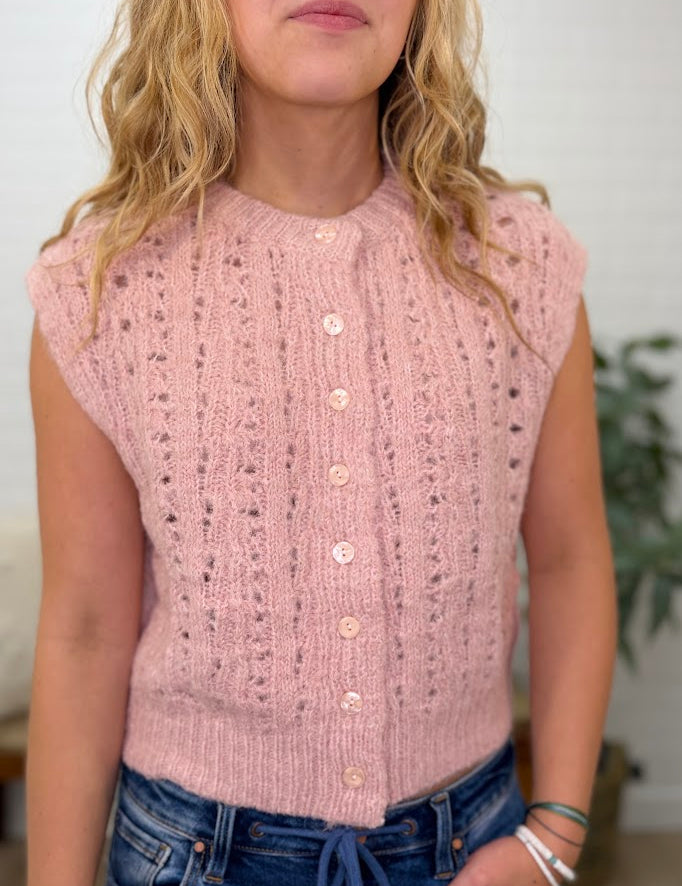 Open Knit Sleeveless Button Front Sweater Vest