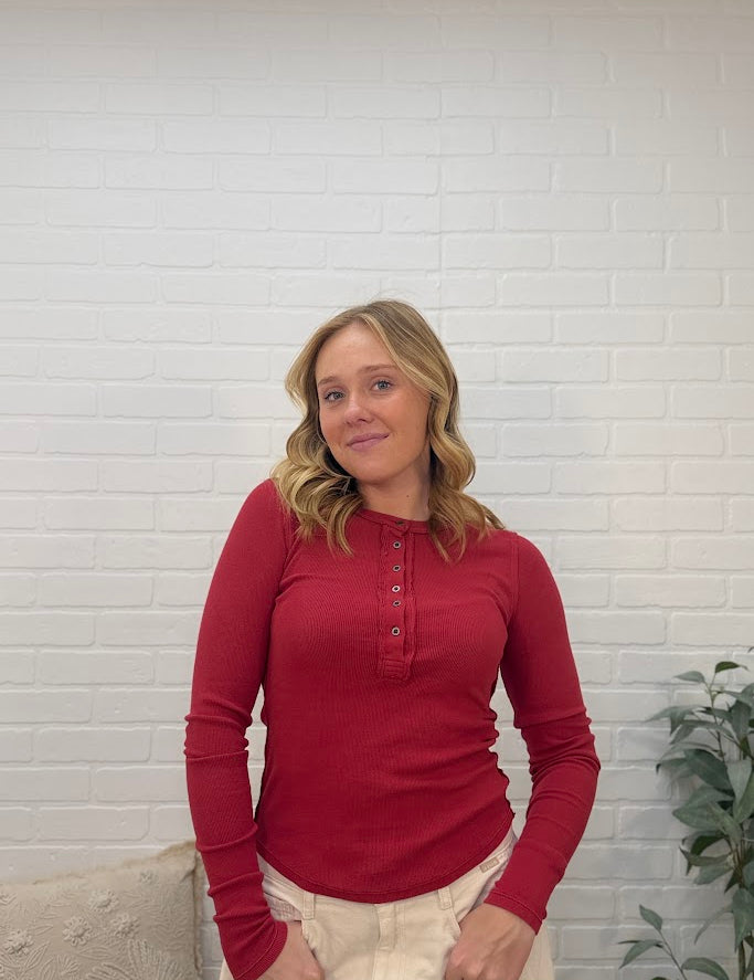Pigment Dye Henley Long Sleeve Top