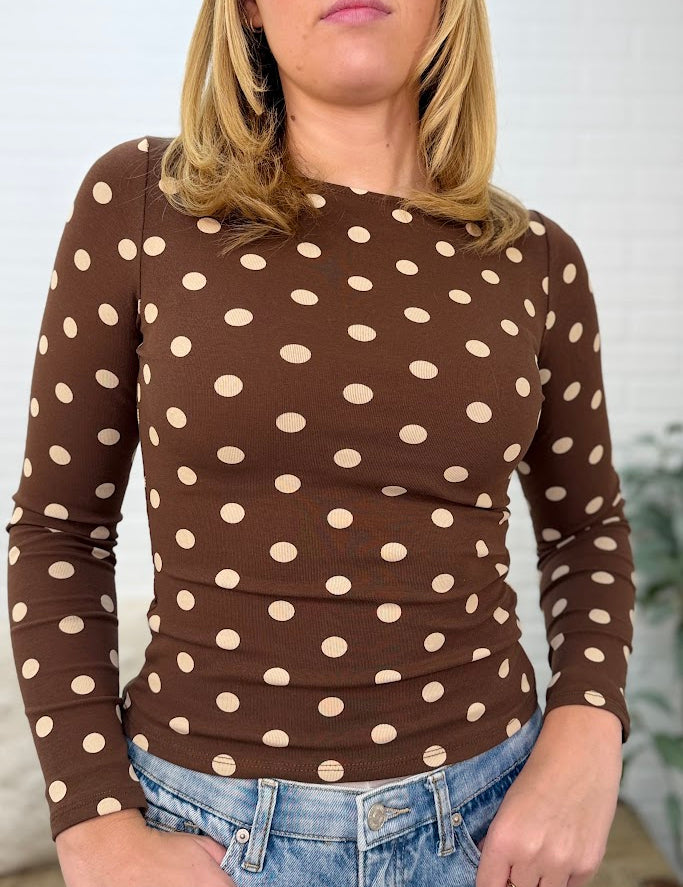 Polka Dot Boat Neck Long Sleeve Knit Top