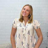 Floral Line Print Split Neck Button Down Linen Top