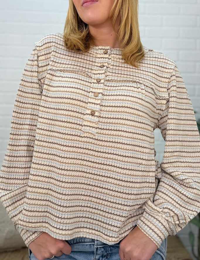 Multicolor Stripe Long Sleeve Yoke Detail Knit Top
