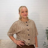 Marled Button Down Short Sleeve Raw Edge Knit Top