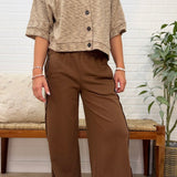 Marled Button Down Short Sleeve Raw Edge Knit Top