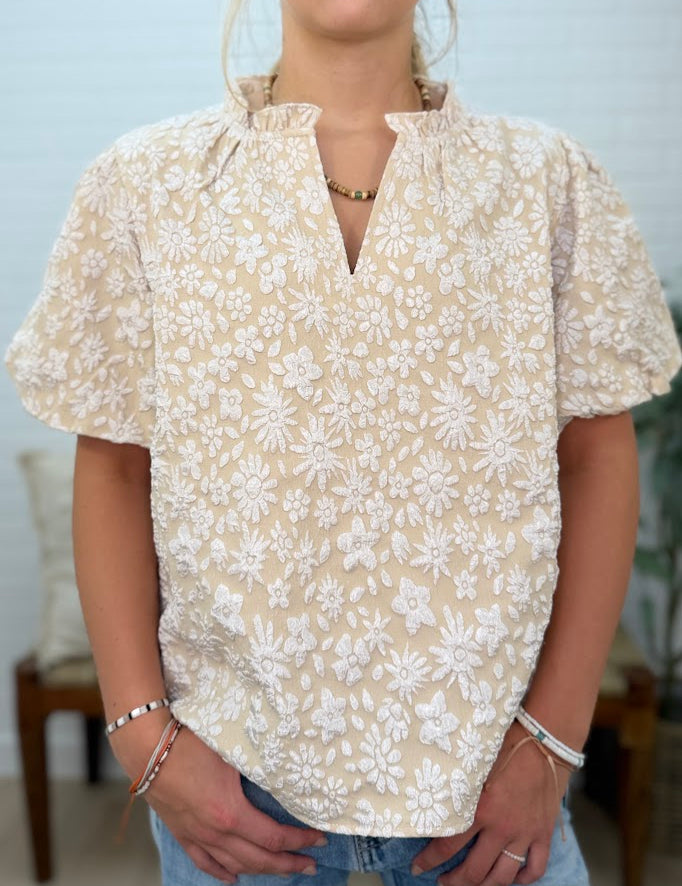 Floral Pattern Texture Sleeves Ruffled V-neck Top