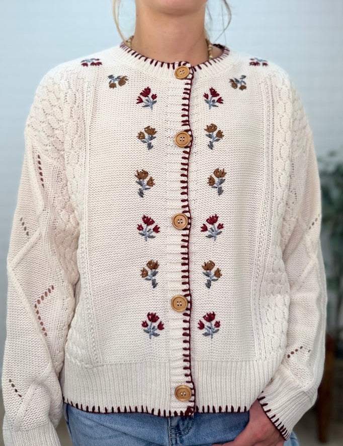 Floral Embroidery Contrast Stitch Knit Cardigan